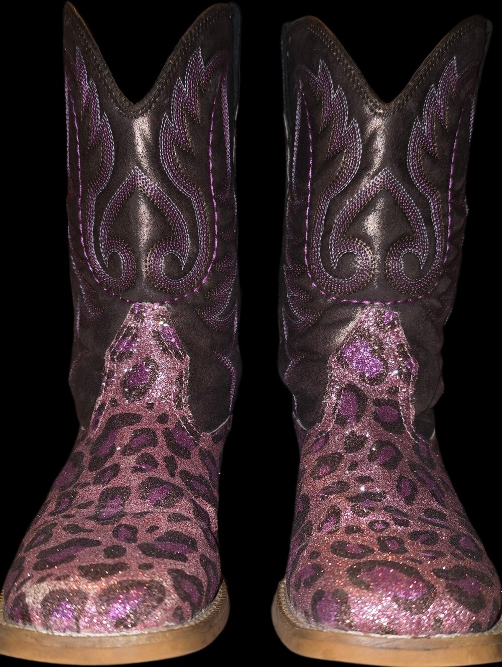Roper Brown and Pink Glitter Leopard Kids Western Boots